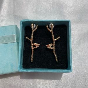 Gold Bird in Tree Pierced Earrings In box